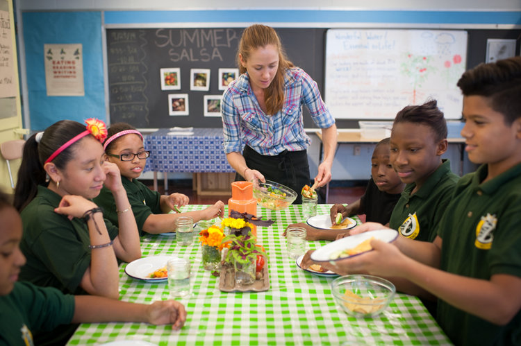 teacher and kids learning about healthy eating