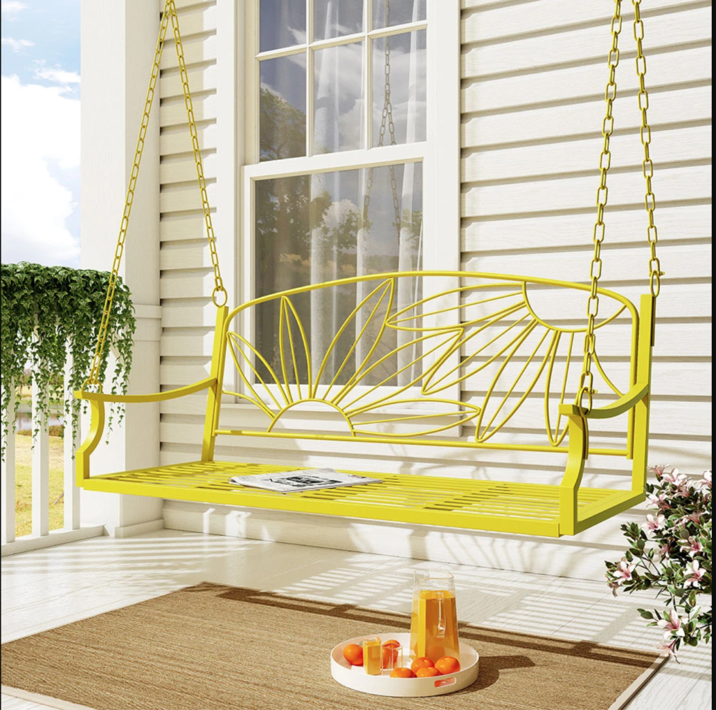 trendy Grannycore outdoor home décor and furniture in summer 2021, including benches, pillows, tabletop items and more