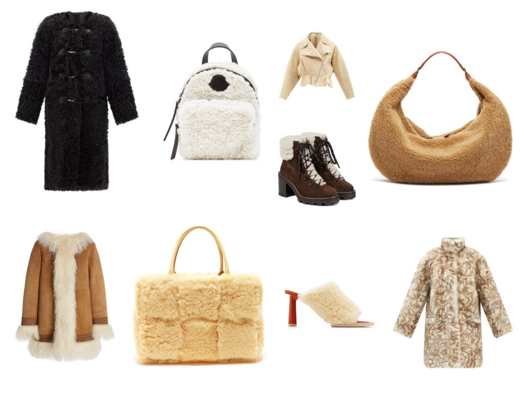 best new designer fashions in shearling for women in fall winter 2021-22, including coats, jackets, shoes and handbags.