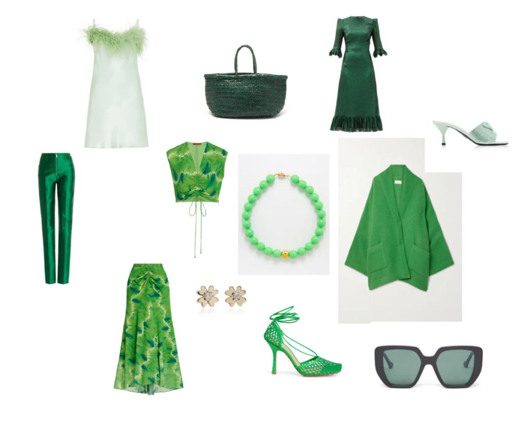What to wear in March 2023 for work, off-duty, working out, date night and spring vacation: green. Courtesy Photos.