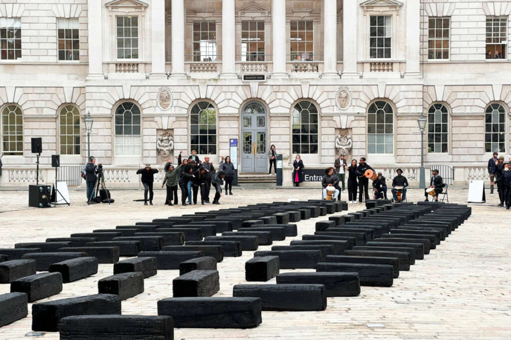 Art installation about slavery in Somerset House courtyard, London, October 2022