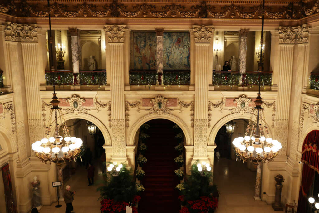 A Christmas holiday tour with our best photos of the Breakers mansion in Newport, Rhode Island decorated with lights and trees inside and out.