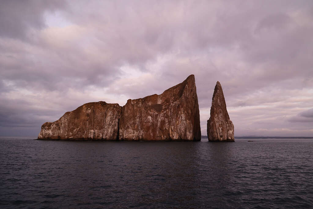 photos of Kicker Rock in the Galapagos Islands at sunset. 