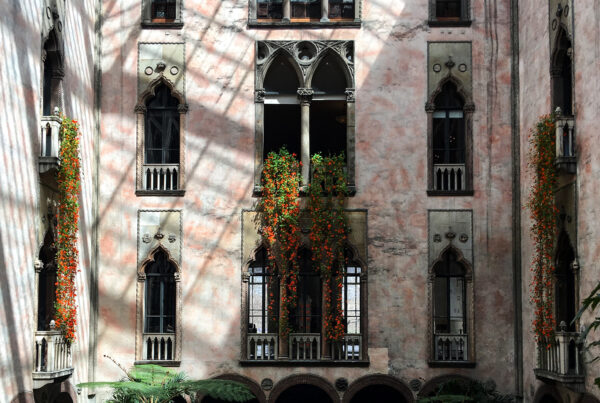 Isabella Stewart Gardner Museum courtyard in Boston with interior trees and dramatic light-and-shadow patterns.