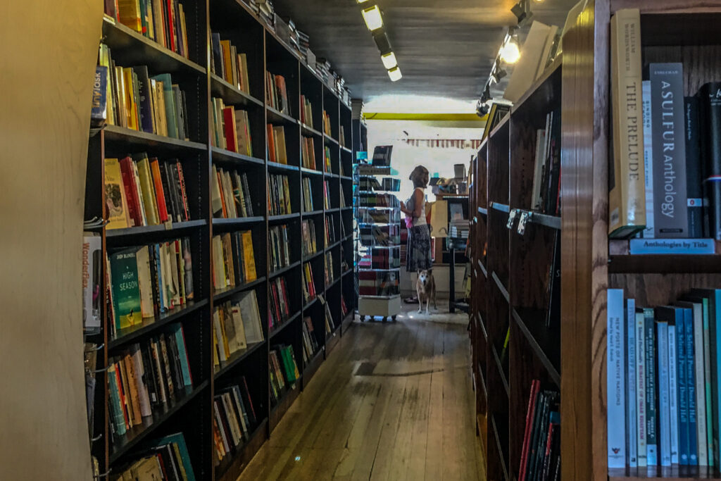 Bookshelves inside Bunch of Grapes bookstore on Martha’s Vineyard with a shopper and their dog in the distance.