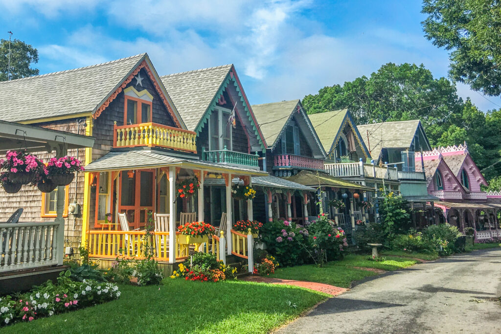 Colorful gingerbread cottages in Oak Bluffs on Martha’s Vineyard in summer.
