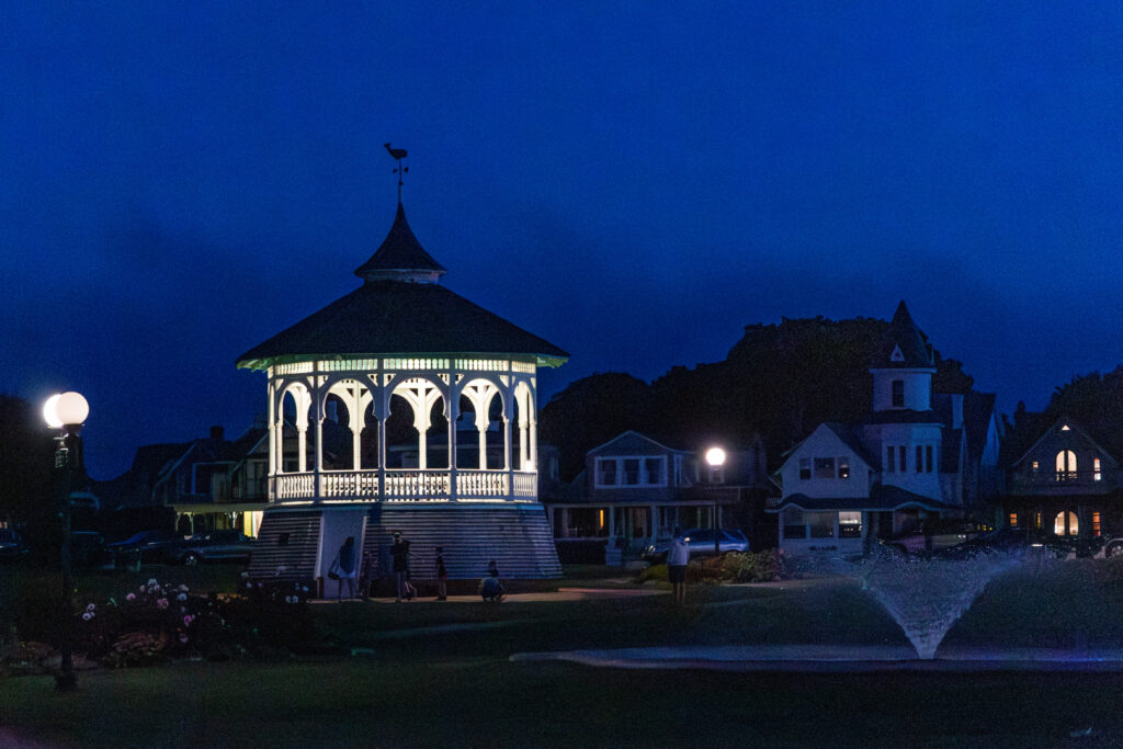 The Oak Bluffs gazebo illuminated at blue hour on Martha’s Vineyard.