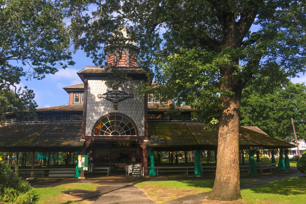 The Tabernacle in Oak Bluffs on Martha’s Vineyard framed by large trees.