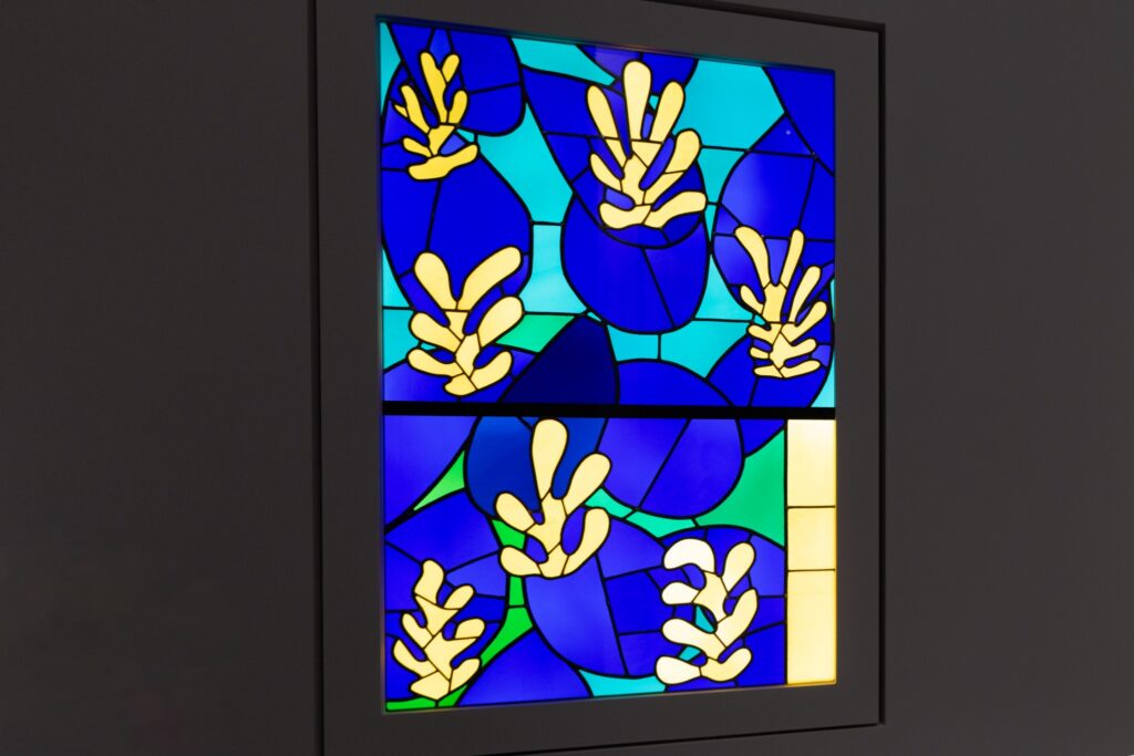 Blue, yellow, green and white stained-glass design by Henri Matisse for the Chapelle du Rosaire.
