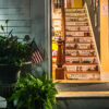 Entrance to Edgartown Books on Martha’s Vineyard with the painted bookstore staircase visible inside.