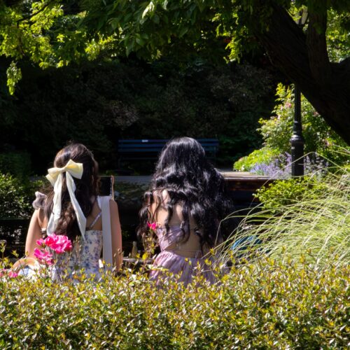 Two young women seated in a lush spring garden, lead image for a post on the best spring stationery for thank-you notes, hostess notes, and graduation cards.
