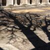 Tree shadows stretch across a stone cloister courtyard in Arles during Les Rencontres d’Arles, photographed by Pamela Thomas-Graham.