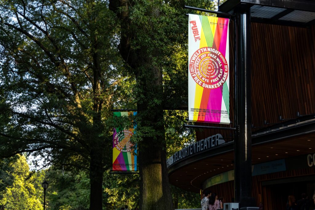 Shakespeare in the Park banners outside the Delacorte Theater in Central Park, New York.