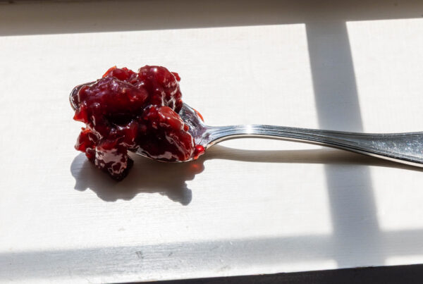 Dark red whole-fruit preserve on a silver spoon in strong morning window light, photographed by Pamela Thomas-Graham.
