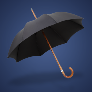 James Smith & Sons polished acacia solid stick umbrella with sterling silver lap band.