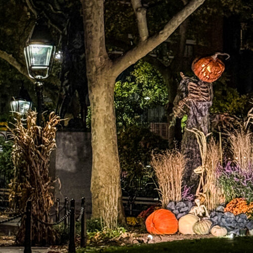 Pumpkin-headed figure standing among trees at night during Halloween season, photographed by Pamela Thomas-Graham for an October reading list.