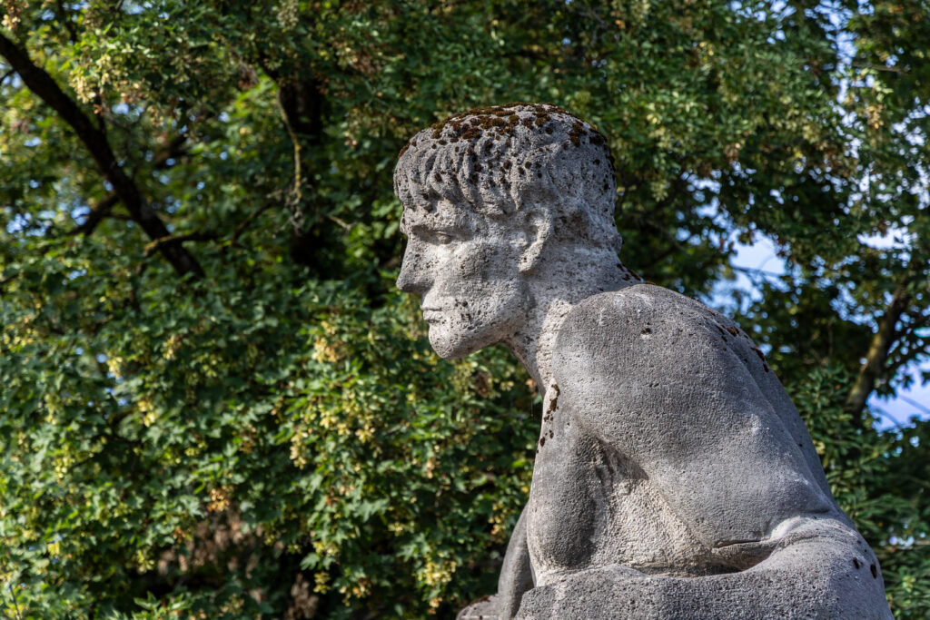 Weathered stone figure in profile beneath green trees illustrating reflection and remembrance in a sympathy note.