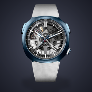 H. Moser & Cie. Streamliner Alpine Drivers Edition skeletonized chronograph with integrated bracelet.