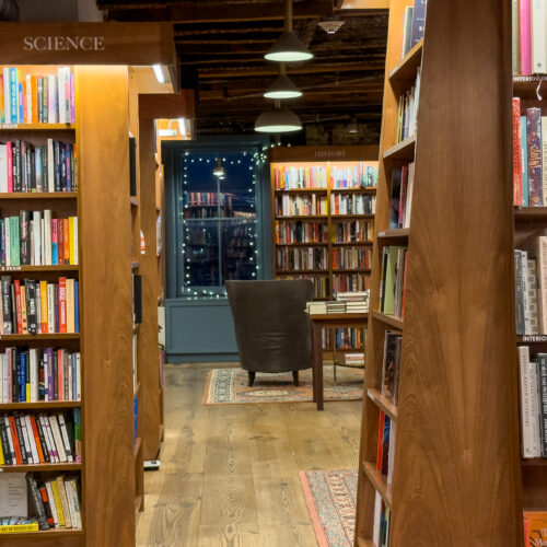 Quiet bookstore aisle lined with science, history and design books under warm pendant lights.